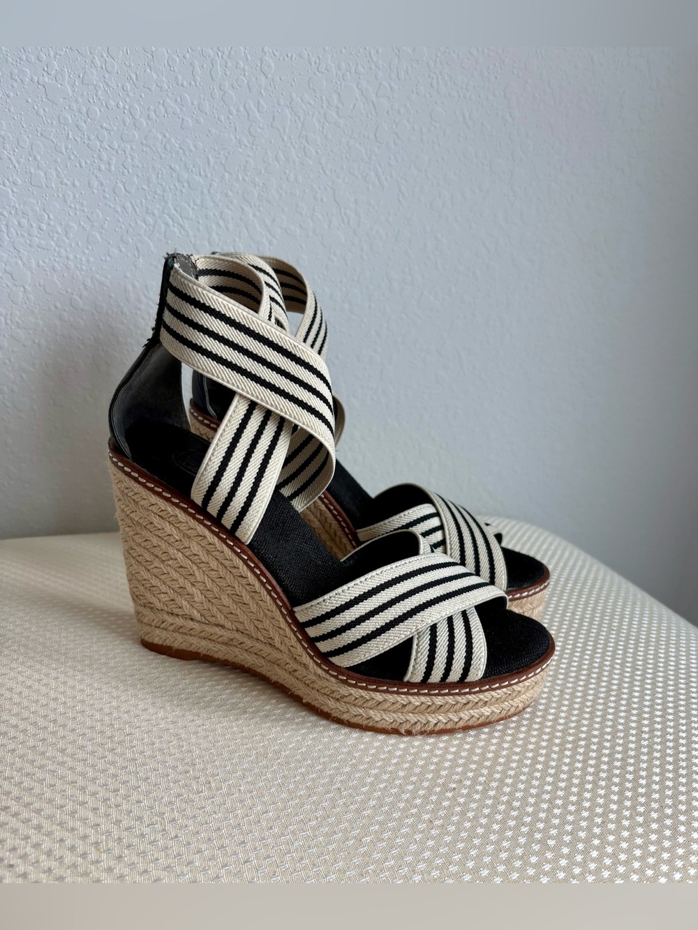 Tory Burch Frieda Black and White Striped Espadrille Wedge Sandals
